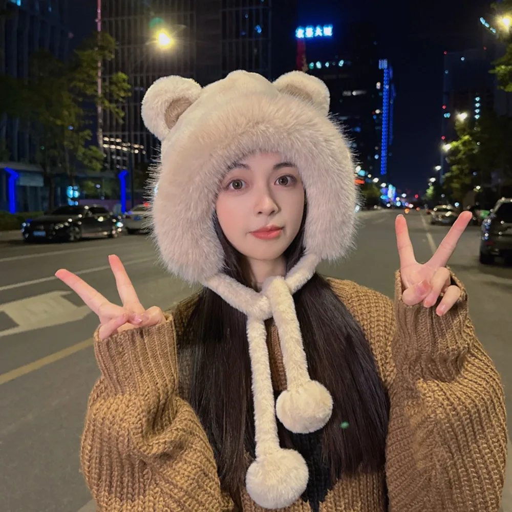 

New Fashion Winter Hat Woolen Lacing Bear Ears Hat Ear Protection Cute Bucket Hat Women