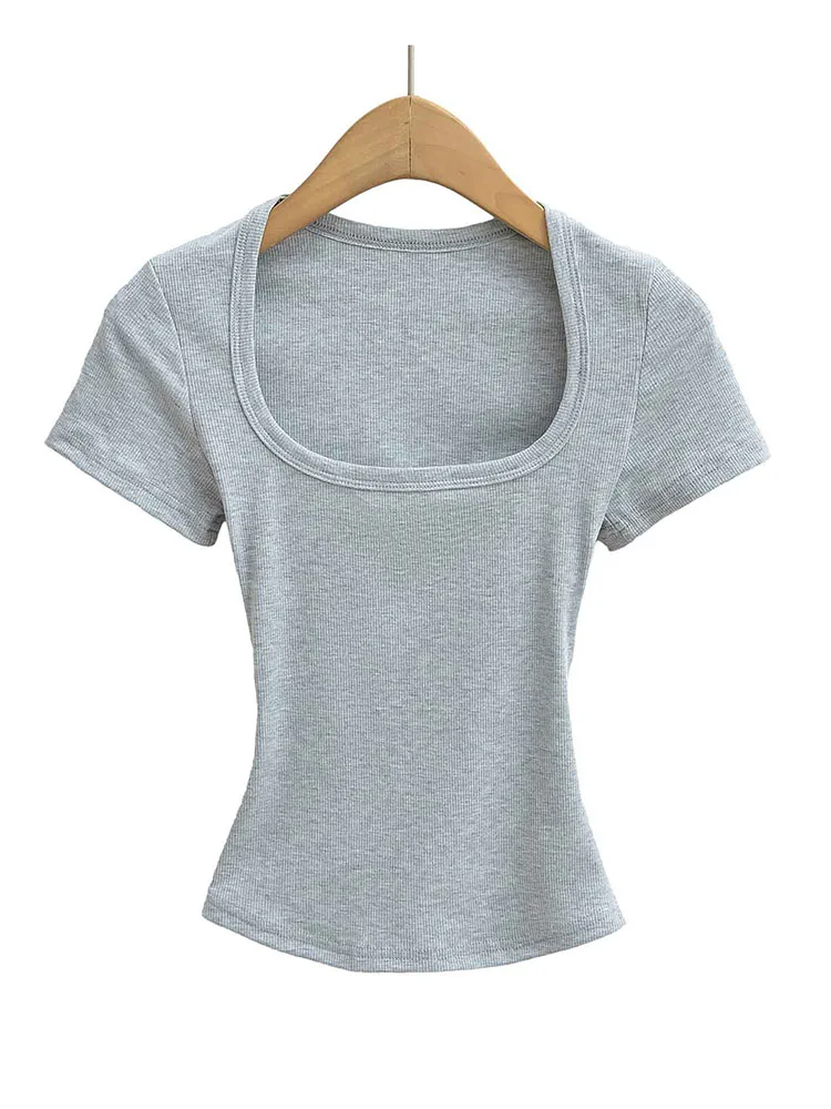 Women's Square Collar Slim Fit Crop Top High Stretch Short Sleeve Pullover Sexy Summer Blouse T-shirt Bottoming image 3