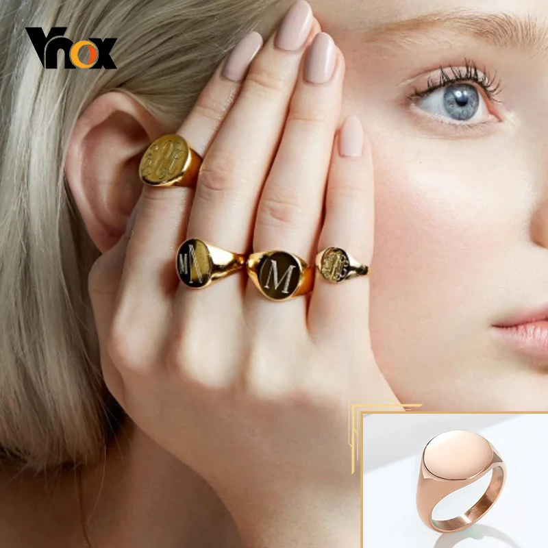 Vnox Chic Personalized 14mm Signet Ring for Women, Stainless Steel Metal Round Top Stamp Band Minimalist Female Finger Jewelry