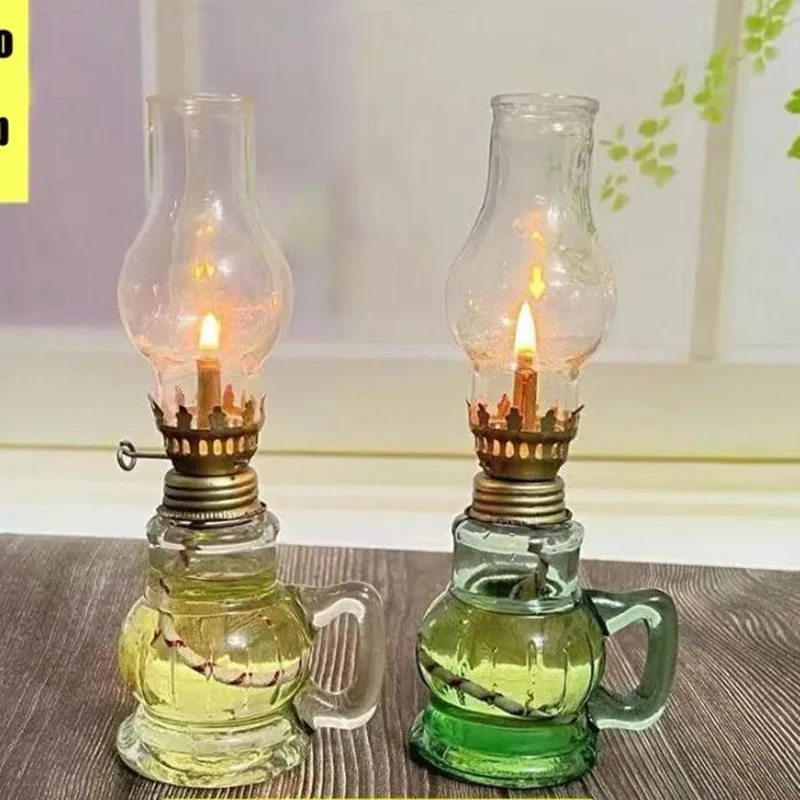 

2Pcs Rustic Hurricane Small Oil Lamp Lantern Chamber Vintage Glass Kerosene Chamber Home Decor Emergency Oil Lighting