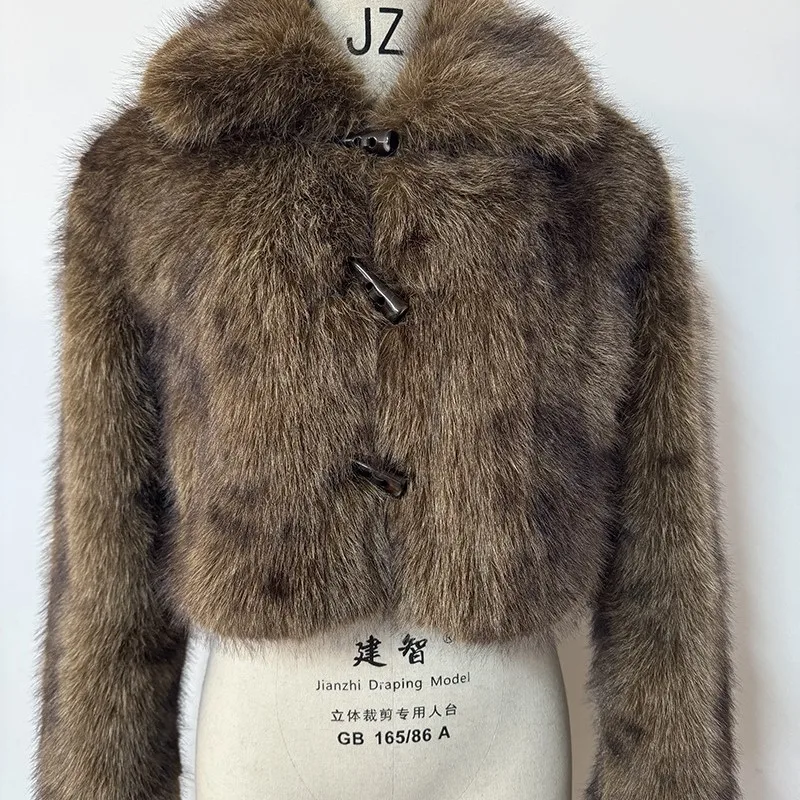 Winter dik bont pluizig chic luipaard jassen tops bovenkleding 2025, nieuwe hoorn schakelknop namaakbont turn-down revers jassen