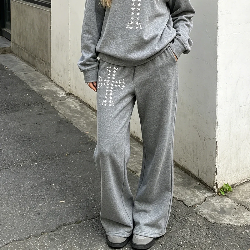 

American Retro Early Spring Casual Pentagram Rivet Print Soft Comfortable Loose Slimming Wide Leg Gray Pants For Women