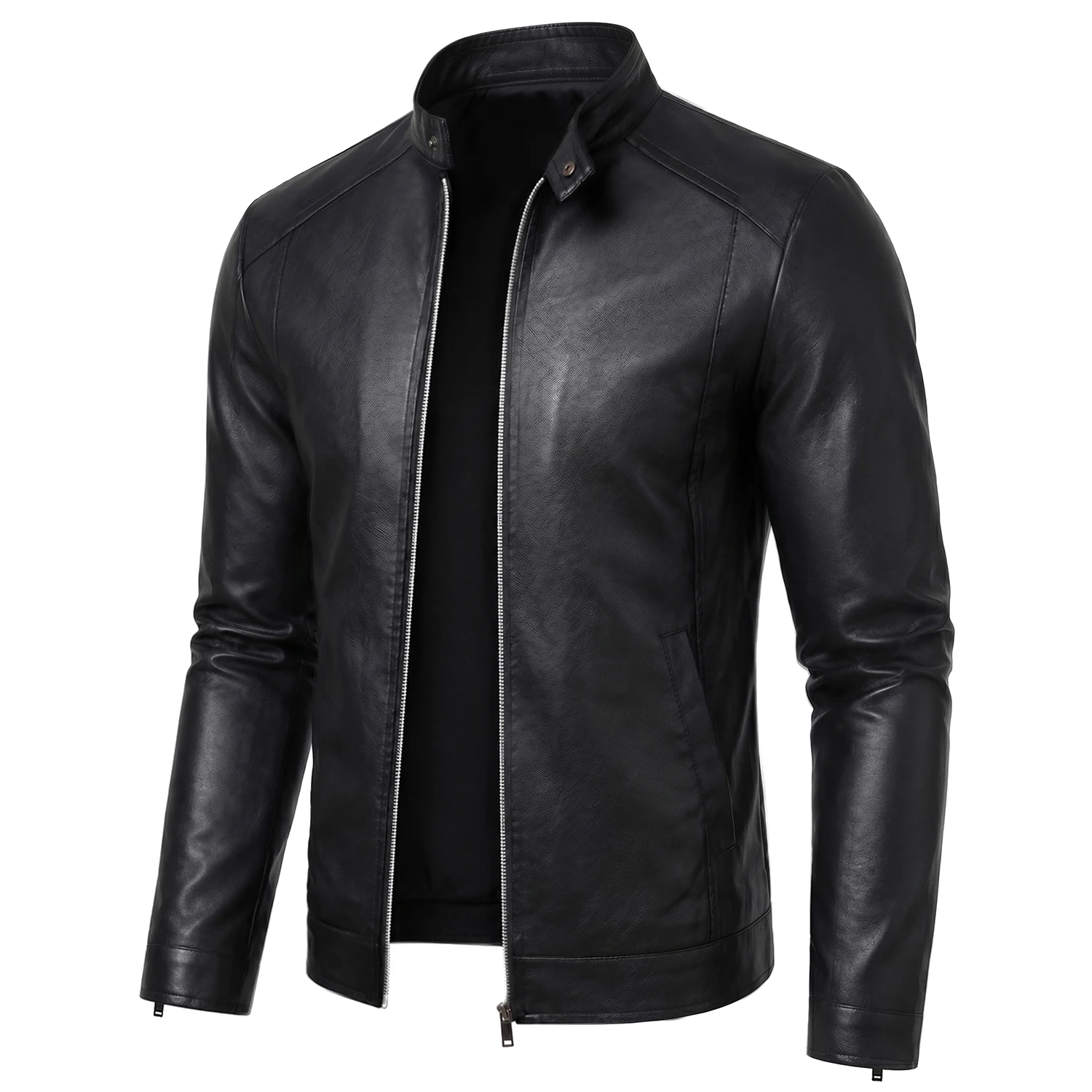 Men's Faux Leather Jacket Slim Fit Stand Collar Jacket Zip Up Motorcycle Biker Coat Casual Lightweight Outerwear