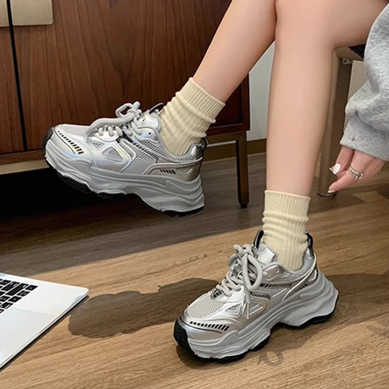 Oulylan موضة سميكة سوليد الأحذية الرياضية السيدات عادية الدانتيل يصل احذية الجري الربيع تنفس عدم الانزلاق أحذية رياضية 35 إلى 40 #2