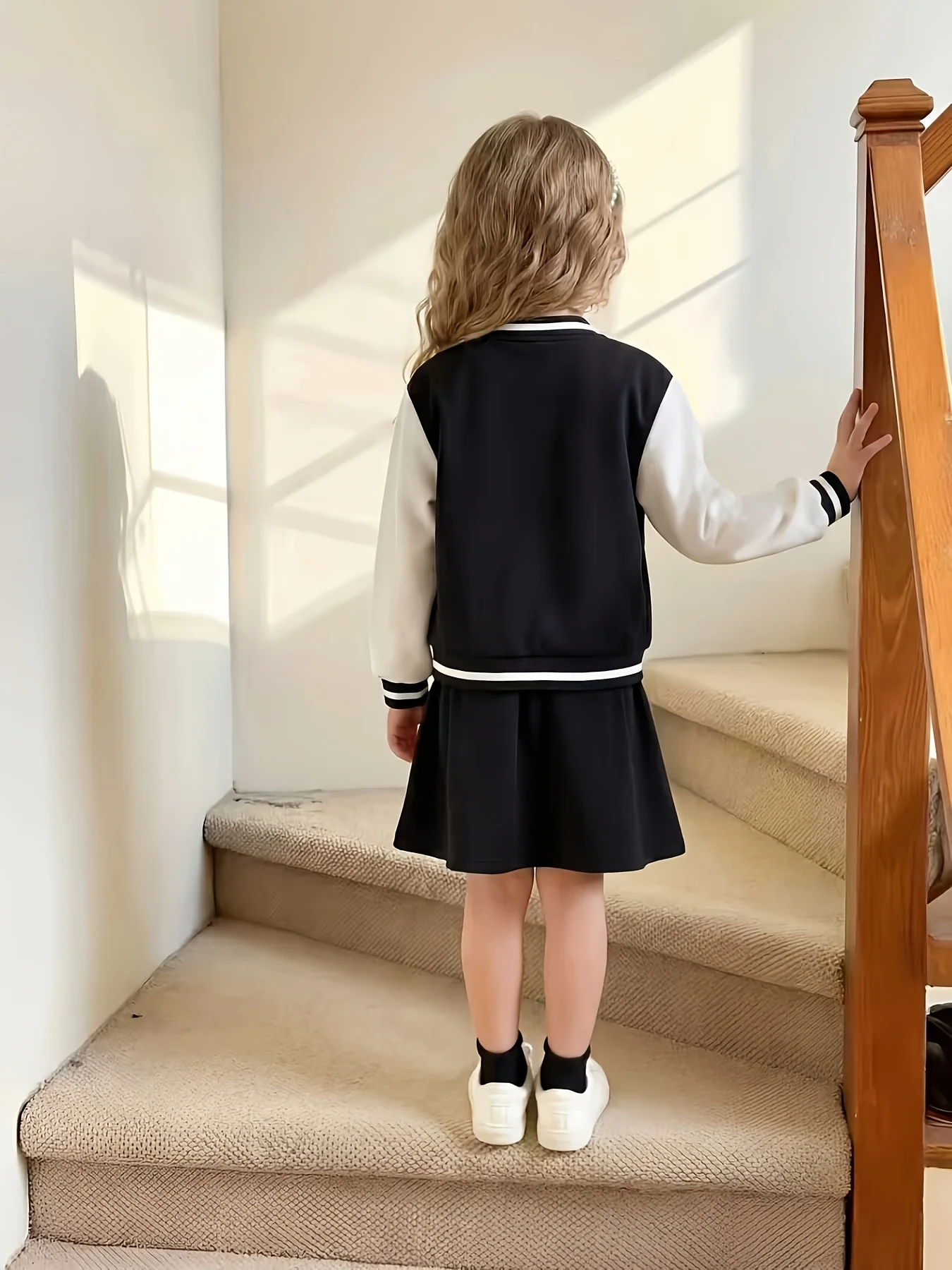Fall New Arrival Girls Black And White Varsity Jacket Pleated Skirt Set