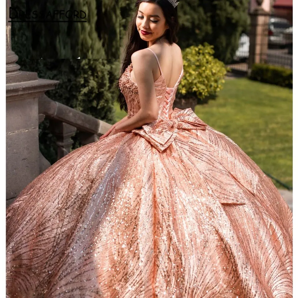 Rose Gold Quinceanera Dresses Tulle Lace Up Sequins Sparkling Ball Gown Birthday Formal Party Gown Robes De Soirée