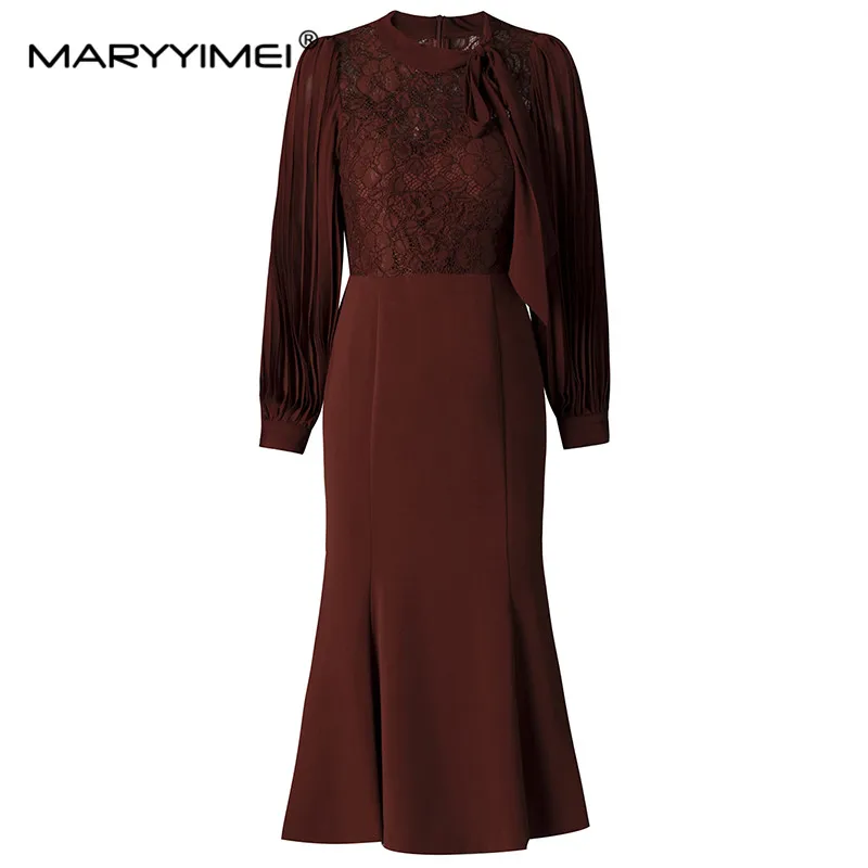 

MARYYIMEI New Fashion Runway Designer Women's Stand-Up Collar With Lantern Long Sleeve Lace Patchwork Wrapped Hip Fishtail Dress