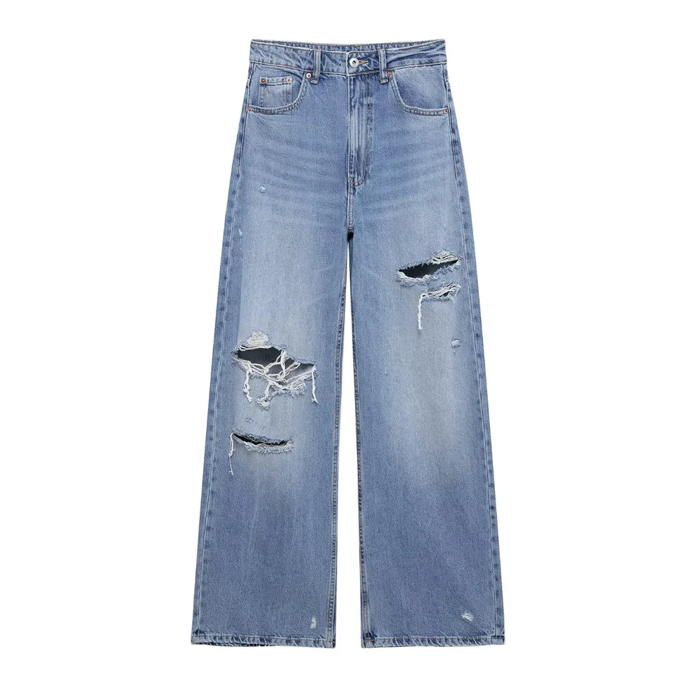 

TRAF 2025 Women's Light Blue Distressed Wide Leg Jeans High Waist with Rips and Tears Trendy and Casual Style