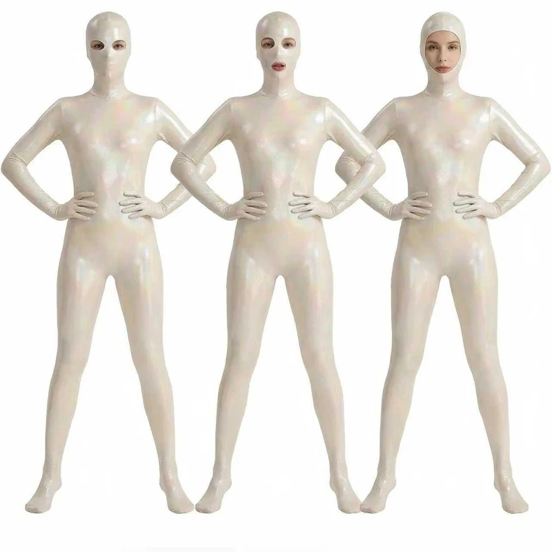 Women Shiny Gradient Zentai Bodysuit High Elastic Glossy Oil Shine Tight Yoga Shaper Cosplay Full Body One Piece Jumpsuit