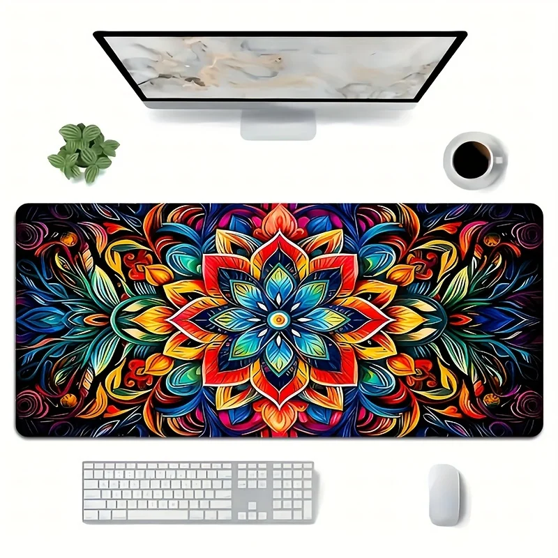 

1pc Vibrant Mandala-Inspired Large Gaming Mouse Pad - Colorful Floral Desk Mat with Non-Slip Rubber Base for Enhanced Gaming & O