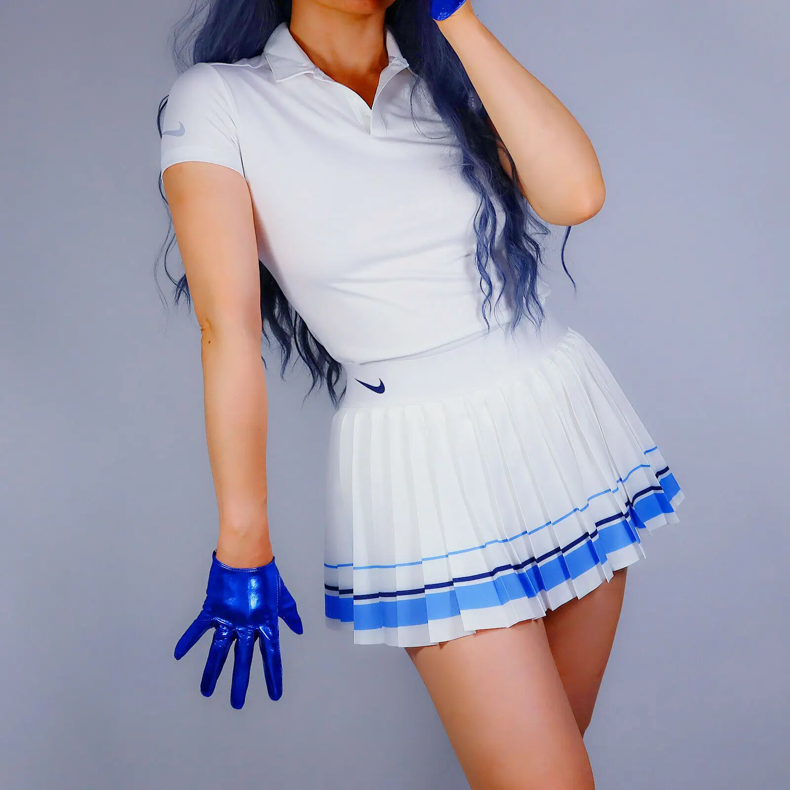 قفازات لاتكس قصيرة نصف النخيل لامعة فو براءات الاختراع والجلود 6 "16 سنتيمتر الكهربائية الملكي الأزرق مساء حفلة زي هالوين تنكري قفاز