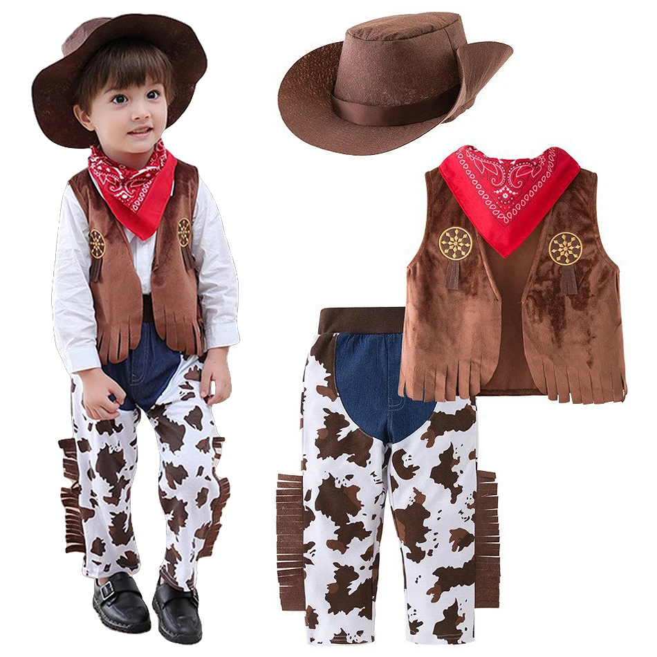 Kids Cowboy Cosplay Event Festival Outfits Boys Holiday Vest Pants Hat Sets Children Carnival Birthday Xmas Party Costume 6M-12Y