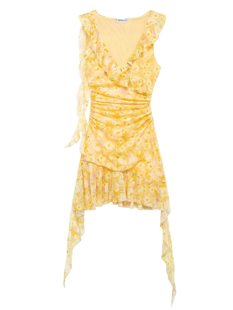 KAOPU ZA Women with ruffle draped printed tulle mini dress vintage v-neck sleeveless female dresses vestidos mujer