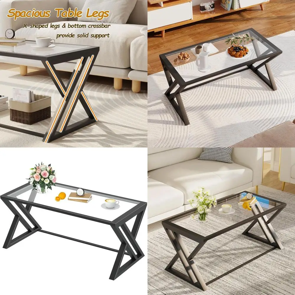 

Modern Rectangular Black Glass Coffee Table with Metal Frame for Living Room and Home Office