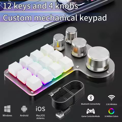 12 Keys 4 Knobs Programming Macro Custom Keyboard RGB Gaming Keypad Portable Custom Mechanical Hotswap Macropad for Photoshop