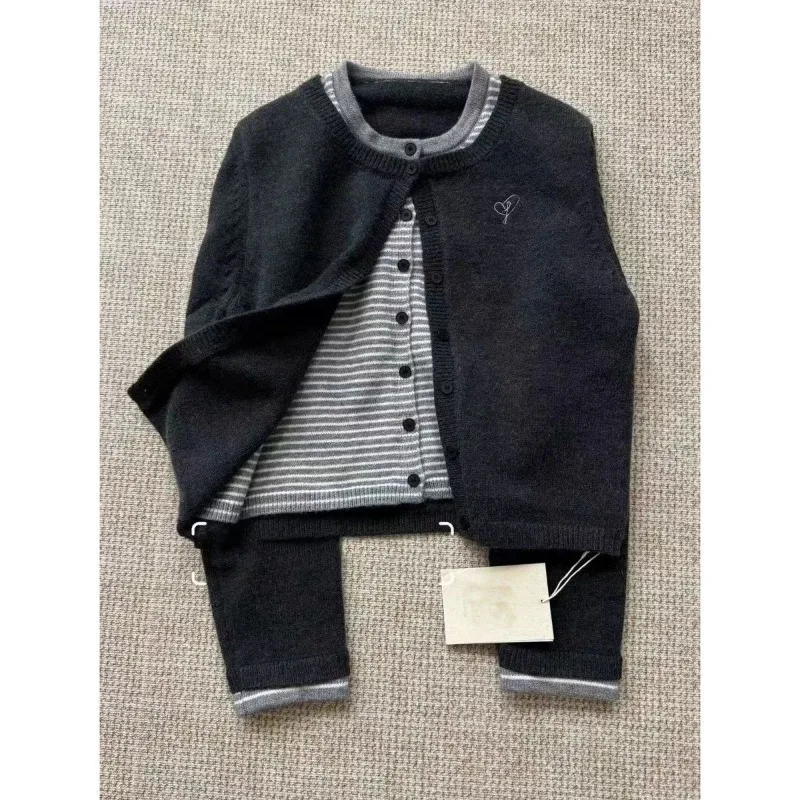 

Deeptown винтажный полосатый женский искусственный кардиган из двух предметов, элегантный корейский модный свитер с длинными рукавами, свободные повседневные зимние свитера со старыми деньгами