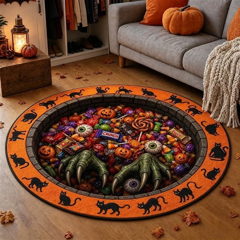 Spooky Halloween Circular Floor Mat 2D Tunnel Monster Paw Pumpkin Candy Black Kitten Printed Round Rug for Autumn Indoor Decor