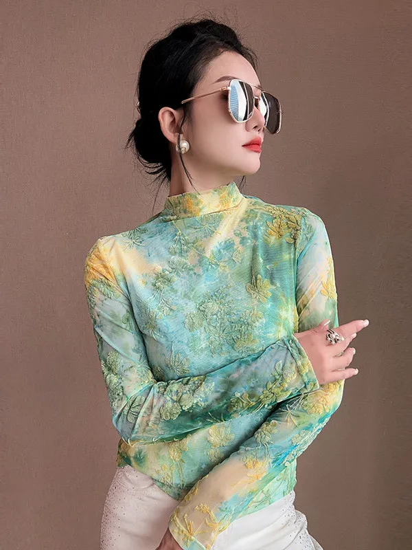 Elegant Printed Long Sleeve Half High Neck Slim Fit T-Shirt Fashionable Autumn Winter Women's Top Trendy Casual Wear