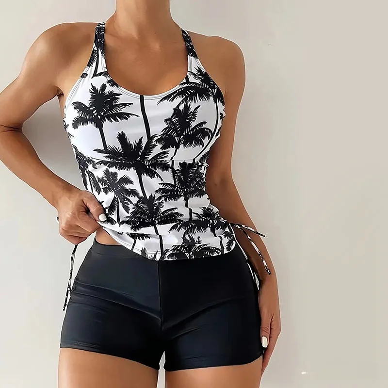 Cikini Summer Beach Women's Palm Tree Print Vest-Style Tankini Set Two-Piece Sexy Swimwear Bathing Suit