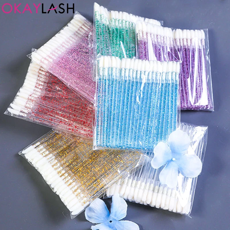 Okaylash Disposable Glitter Lip Gloss Brush Eyelash Extension Cleaning Brushes Crystal Lipstick Applicators Cleaner Makeup Tools