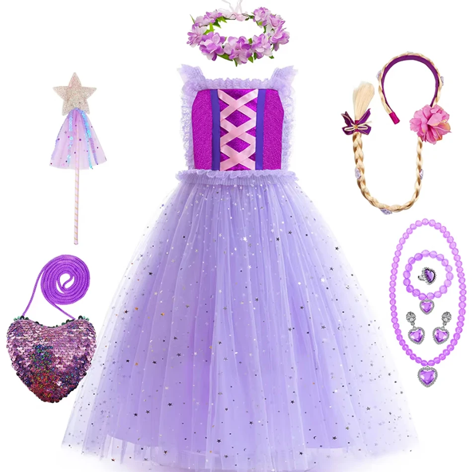 Rapunzel Star Sequin Mesh Gown Girls Cosplay Princess Purple Sleeveless Dress Kids Birthday Event Festival Party Fancy Costume