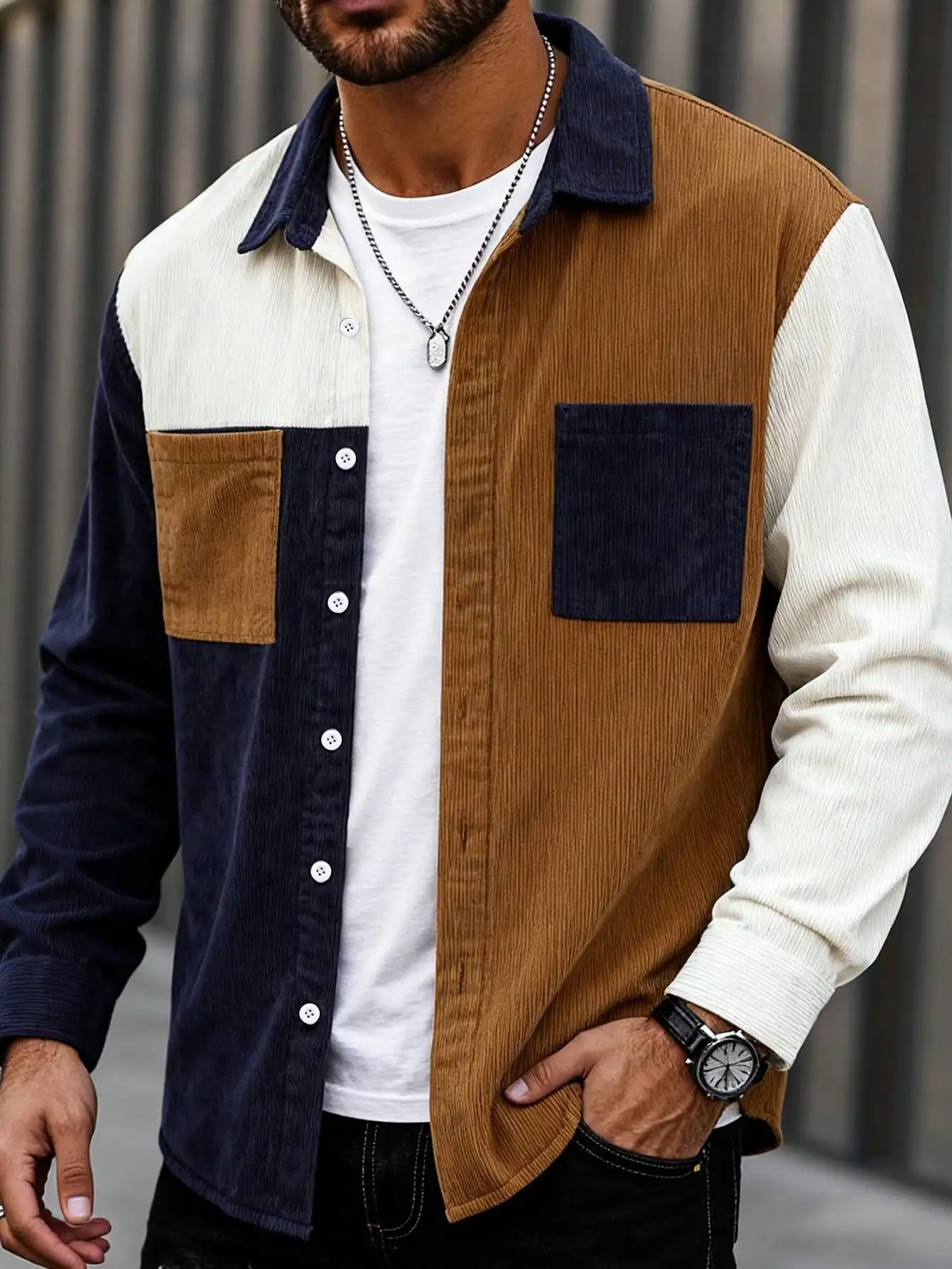 

Men's Corduroy Patchwork Shirt with Contrast Color Panels, Full Button Front, Casual Long Sleeve
