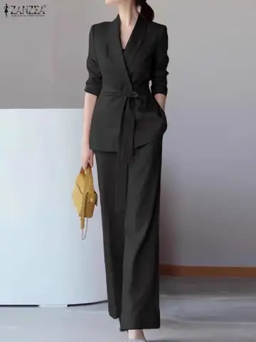 Plus Size Autumn Office 2 Piece Sets ZANZEA Women Outfits 2025 Elegant Long Sleeve Blazer Pant Sets Stylish Solid OL Tracksuit