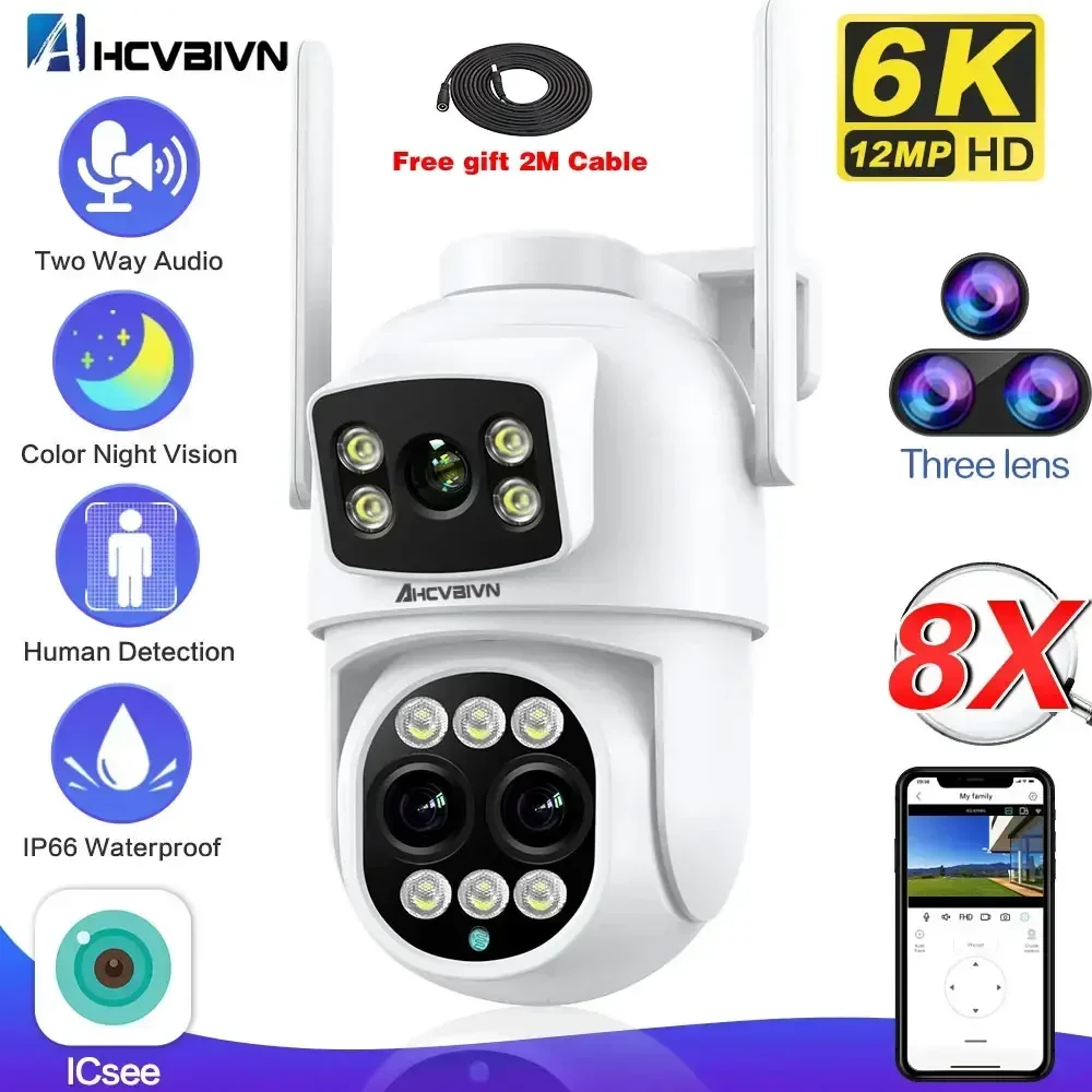 

IP Camera 12MP 4K WiFi Outdoor Camera 8x Zoom Three Lens Dual Screen Auto Tracking Home Security CCTV Surveillance Camera ICSEE