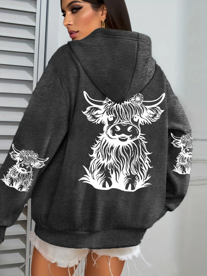 Niedliche Kuh-Haarmotiv-Kapuzenpullover mit Cartoon-Druck für Damen, Fleece-Herbst-Streetwear, bequemer lässiger Hoodie, Y2K-Taschen-Kapuzenpullover, vielseitig kombinierbar – Detail 11