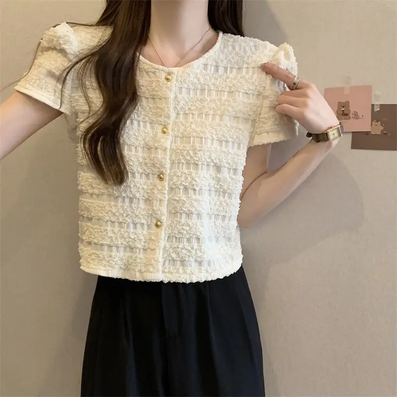 Short-sleeve Shirts Women Sweet Folds Fashion Summer Solid All-match Female Temperament Korean Style Tender Casual Aesthetic Ins