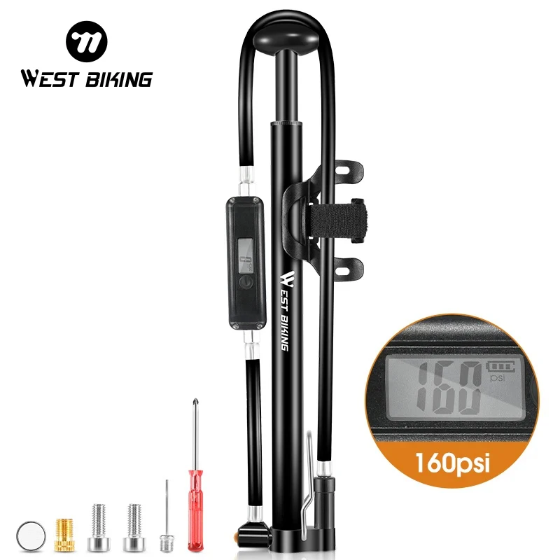 WEST BIKING 160PSI Bike Foot Pump Portable With Digital Gauge MTB Road Bicycle Schrader Presta Valve High Pressure Cycling Pump