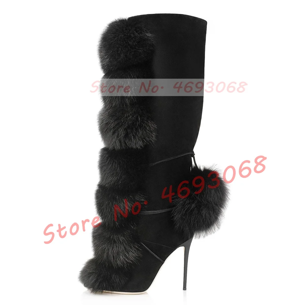 Black Big Pom-Pom Knee High Boots Women Nifty Cross Tied Furry High Thin Heels Shoes Ladies Pointy Toe Party Slip On Suede Boots