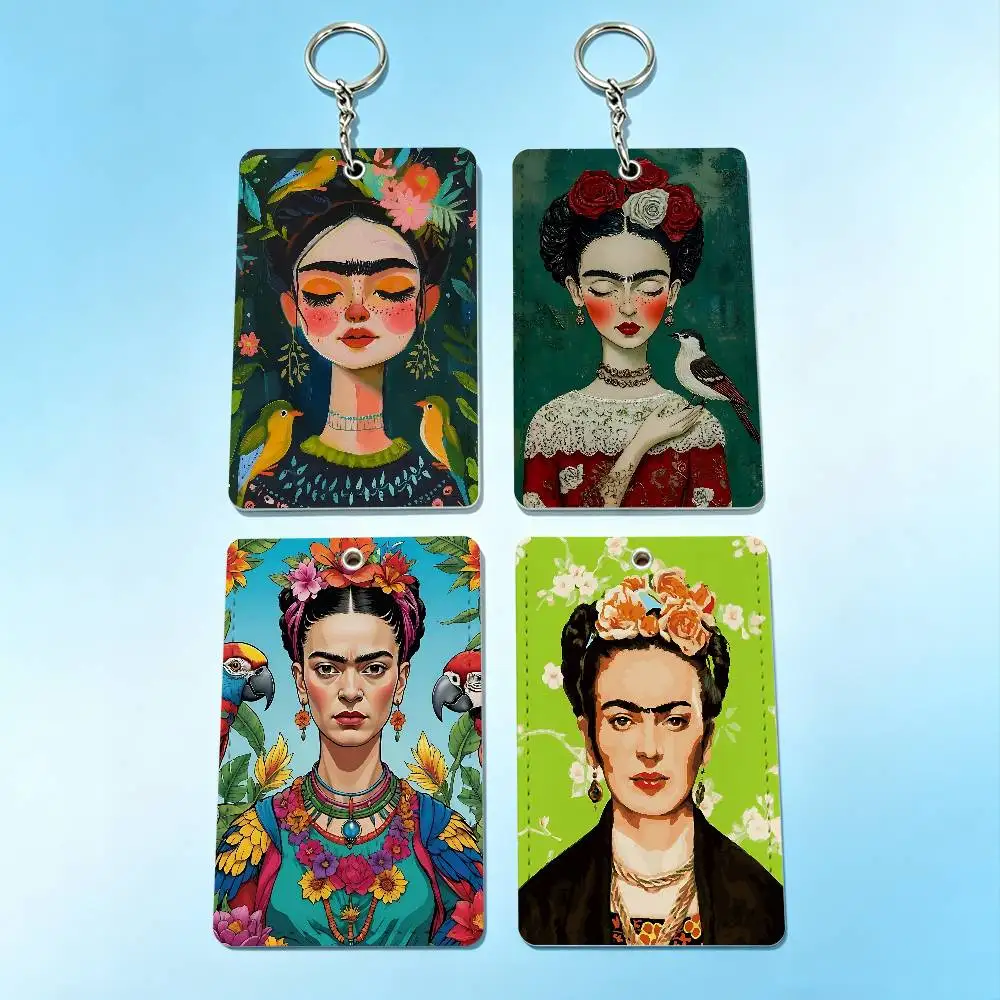 

F-FridaES Design K-KahloS Cute Card Case Leather Card Holder Keychain Key Ring Door Access Tags ID Card Case Keychain