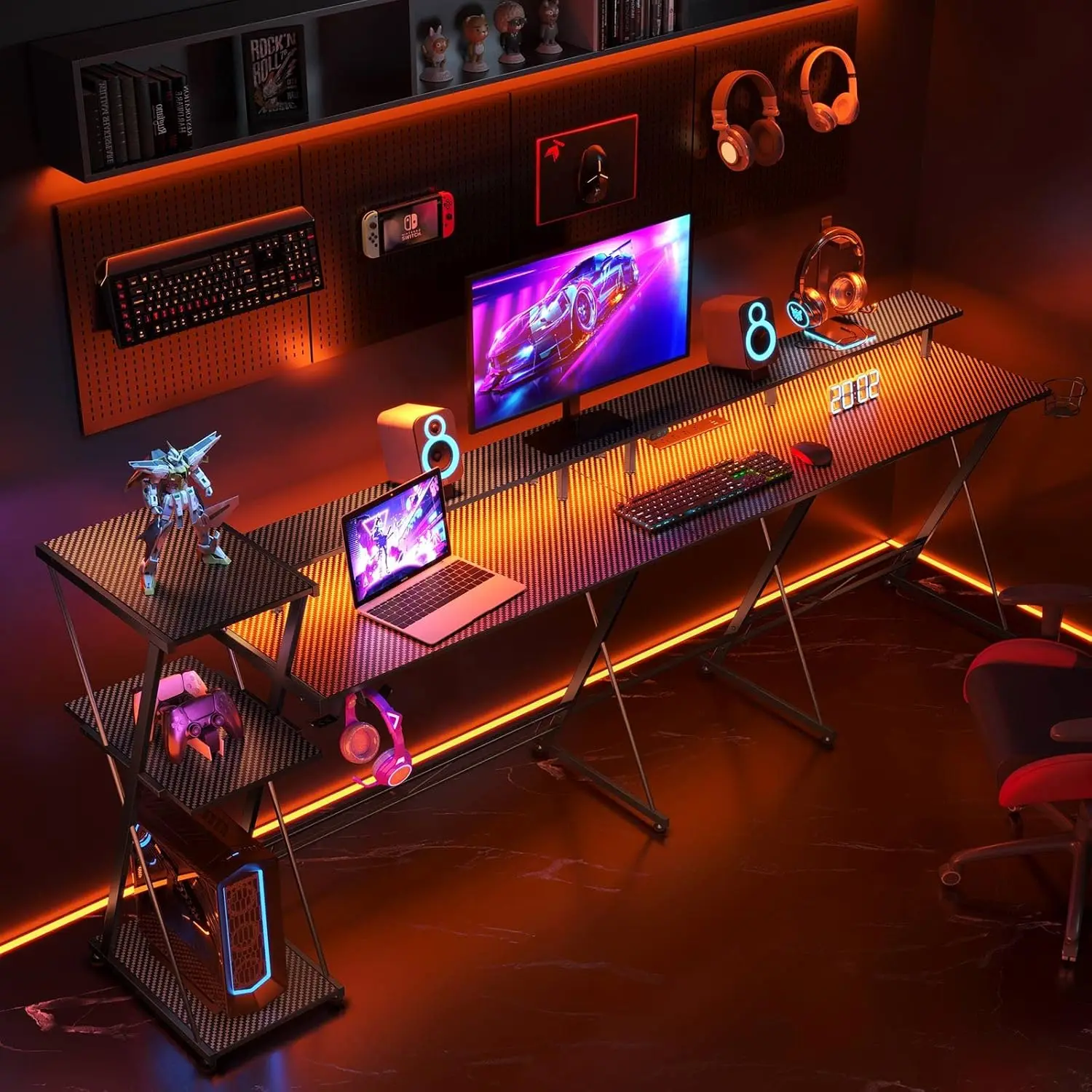 SEVEN WARRIOR L Shaped Gaming Desk with LED Lights & Power Outlets, 50” Reversible Computer Desk with Storage Shelf