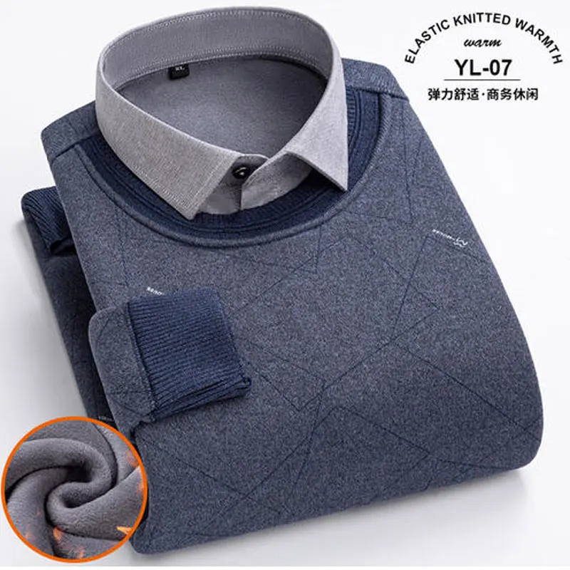 Autumn and winter warm shirt men\'s velvet thickened fake two-piece long-sleeved knitted business casual no-iron slim fit