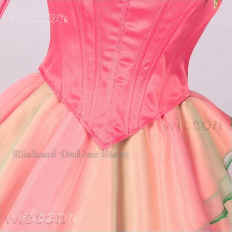 الشريرة 2 غليندا تأثيري الوردي الأميرة فستان طويل يتوهم ثوب زي المرأة الساحرة هالوين النساء ملابس الحفلات شعر مستعار فيلم 2025