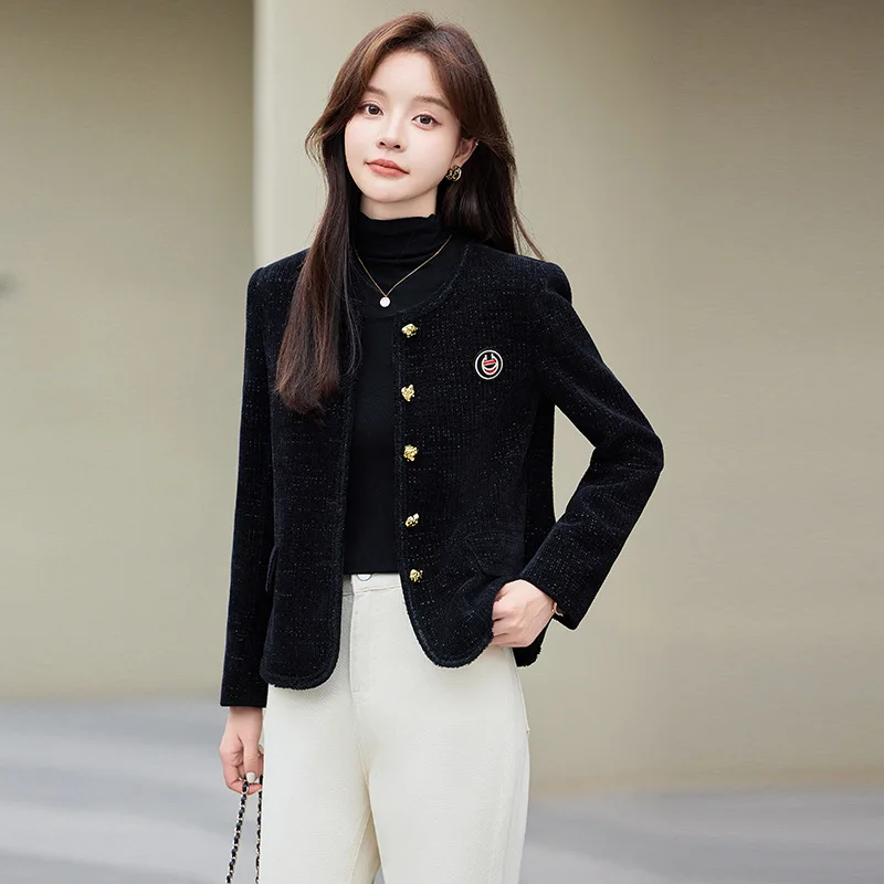 High quality woolen blazer for women single breasted button O neck embroidery autumn winter 2025 elegant  office clothes black