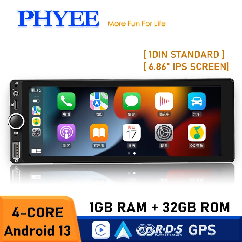 

1 Din Android GPS Car Radio Wireless CarPlay Android-Auto Wifi Bluetooth Handsfree FM RDS USB 6.86" IPS Screen Head Unit BD6021A