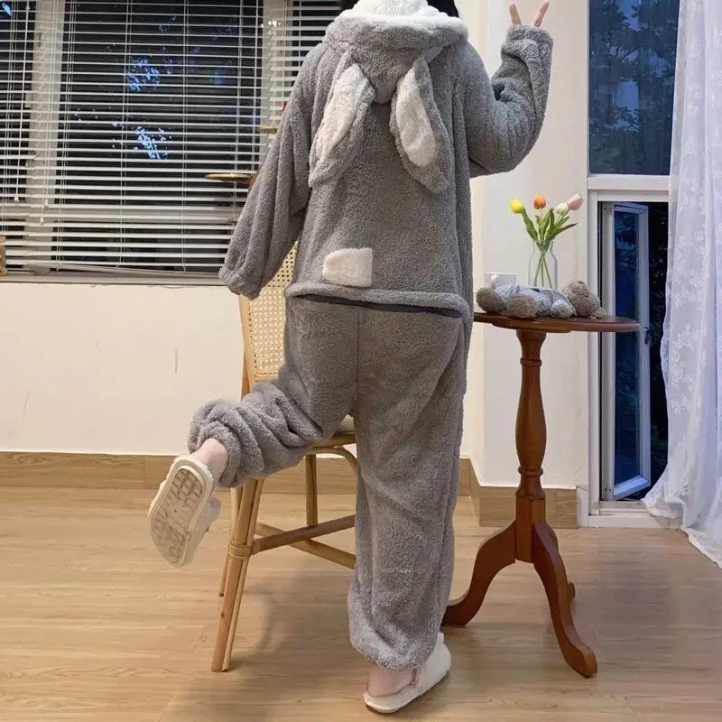 Sweet Gray Hooded Bodysuit Role Playing Anime Cartoon Rabbit Costume Cute Winter Warm Plush Pajamas Couple Home Clothes Set Suit