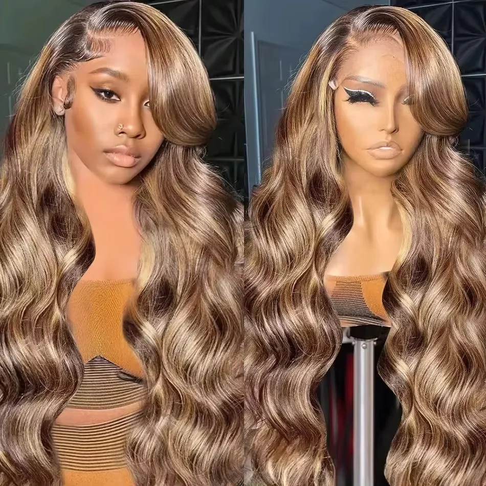 

200% бразильский 4/27 Highlight Body Wave 13x4 13x6 HD Прозрачный парик фронтальной части шнурка 32 36 дюймов Wavys Парики фронта шнурка Человеческие волосы