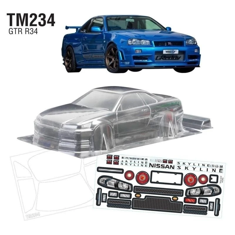 1/10 Mini Car Body 210mm GTR R34 Clear Lexan Car Shell W/Rear Wing for On Road Bodies Rc Drift Model M-Chassis Tamiya Carten