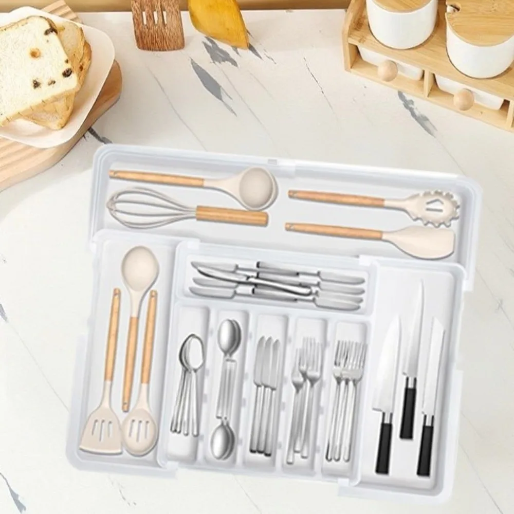 Retractable Drawer Storage Tray Partition Design Plastic Tableware Tray with Knife Holder Large-capacity Cutlery Organizer