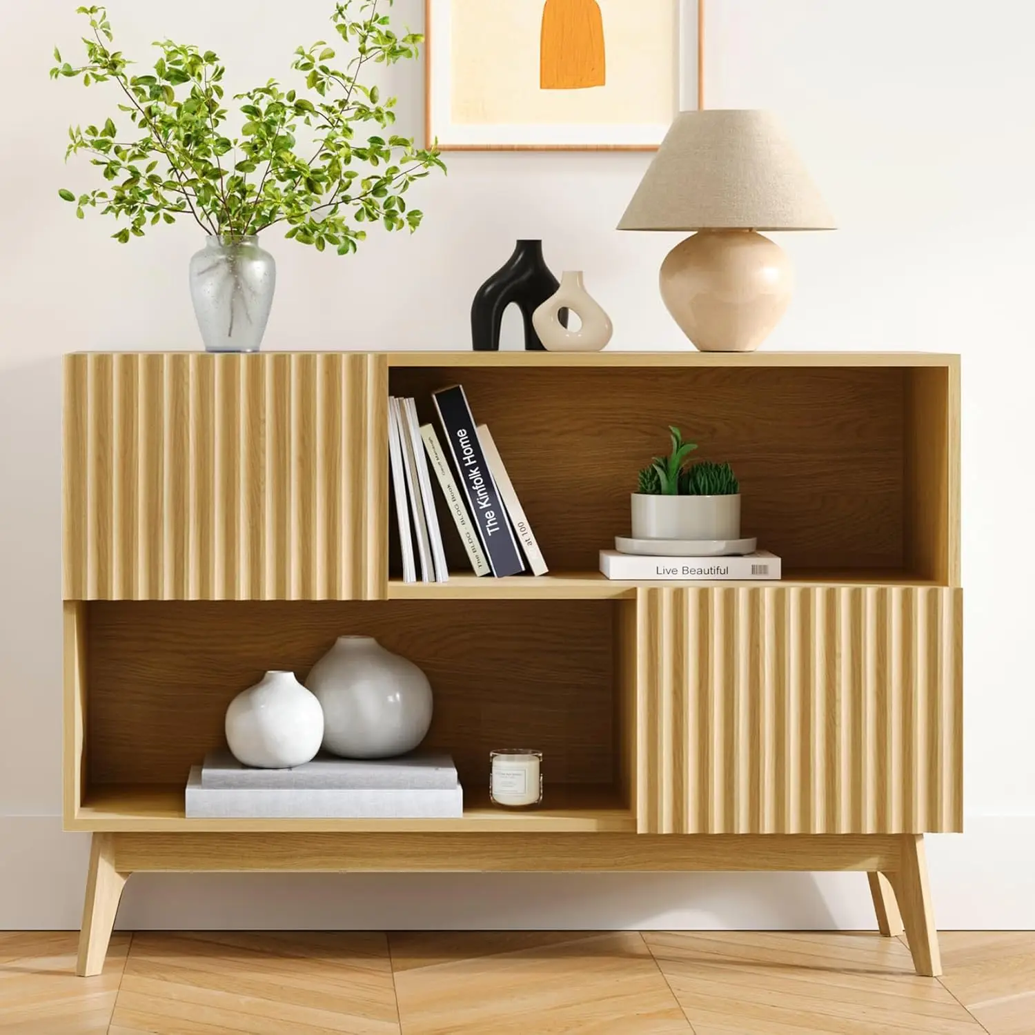 Fluted Buffet Sideboard Oak, Modern Storage Cabinet With Storage, Accent Cabinet With Solid Wood Legs, Console Table With Doors