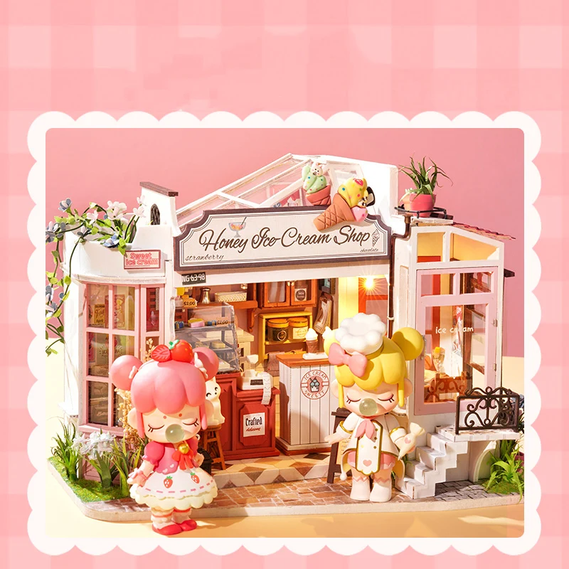 Animazione Kawaii Negozio di gelati Fai da te Cabina fatta a mano Arte Casa Casa Scena in miniatura Modello Ornamento Blocchi di costruzione Regalo di compleanno