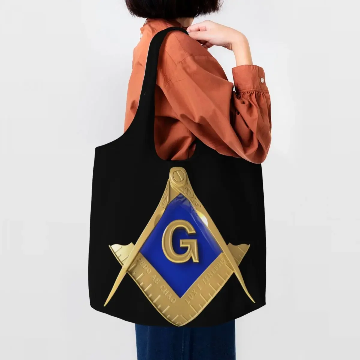 

Freemason Gold Square Masonic Groceries Tote Shopping Bags Women Cute Canvas Shopper Shoulder Bag Big Capacity Bags Handbags