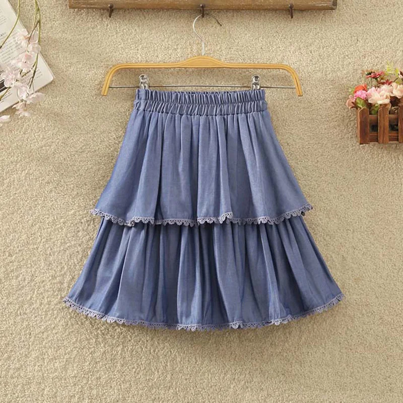 Blue Gray Lace Patchwork Cake Mini Skirt Women 2023 Fashion Elastic High Waist Short A-Line Skirt Female Casual Sweet Tutu Skirt