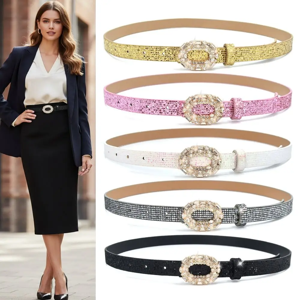 Vintage Bling Bling Sparkling Rhinestone Belt Versatile Luxury Brand Design PU Leather Belt Glitter Trendy Waistband Women