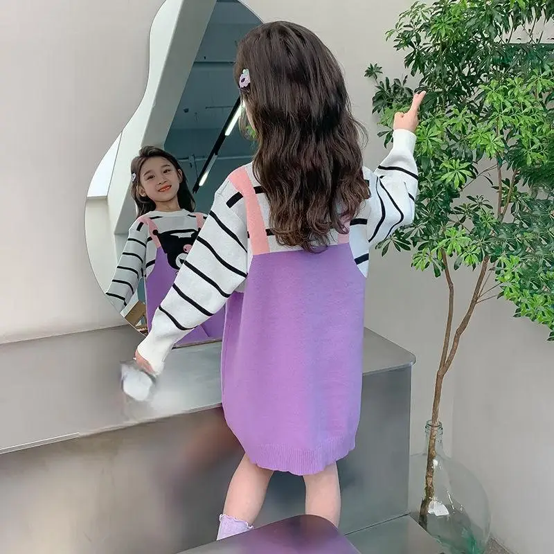 فستان أطفال من Sanrio Kuromi منسوج مزيف من قطعتين للربيع والخريف نمط جديد للأطفال سترة برسوم كارتونية على طراز الأميرة للأطفال