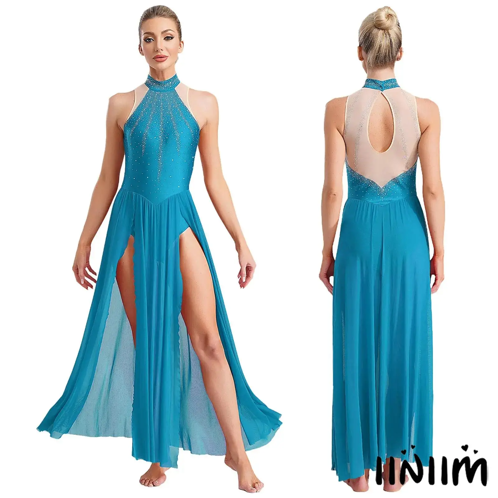 

Women Girls Sleeveless Rhinestones Cutout Dancing Prom Gown Side Split Maxi Dress Lyrical Contemporary Ballroom Modern Dancewear