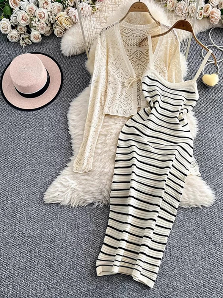 

Elegant 2 Piece Set Dress Women Summer Stripe Collision Color Knit Sling Dress +Hollow Long Sleeve Sunscreen Coat Sexy Suit